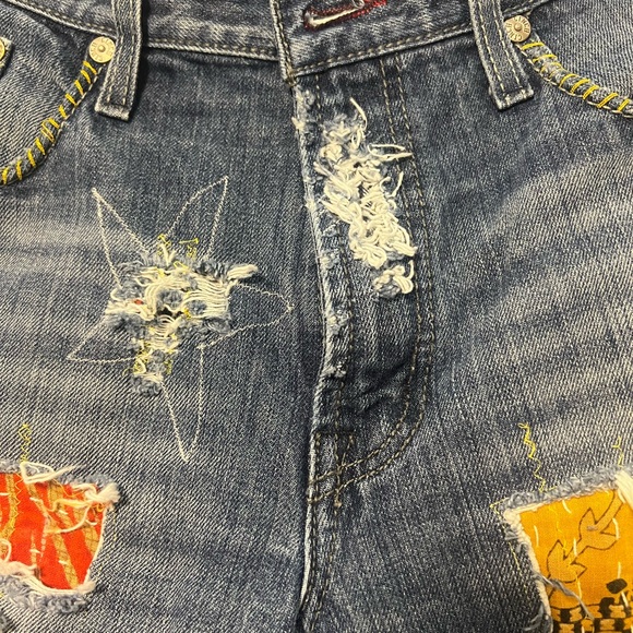 Upcycled One-Of-A-Kind Patchwork Denim Jorts with Star Patches - Picture 6 of 6